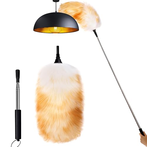 Image of Lambswool Feather Duster with Extension Pole up to 57.5inch,Extendable Feather Duster Used for Cleaning High Ceiling Fan, High Ceilings,Furniture,Hard to Reach Areas