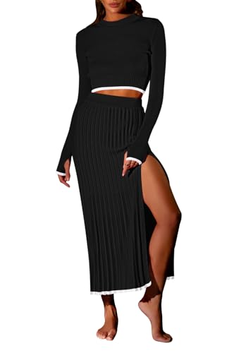 Pink Queen 2 Piece Skirt Outfits for Women Knit Sweater Crop Top Bodycon Party Cocktail Fall Blazer Dresses