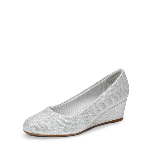DREAM PAIRS Women's Low Wedges Heels Closed Round Toe Pumps Comfortable Slip On Dress Work Wedding Shoes 7.5 Silver