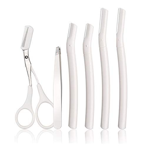 XMOSNZ Eyebrow Razor 6pcs Face and Peach Fuzz Hair Removal Razors Multi-function Home Skin Care Tool with Eyebrow Scissors and tweezers Disposable Blades for Silky Smooth Face