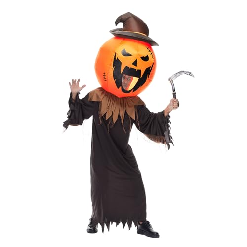 EraSpooky Disfraz de Espantapájaros con Cabeza de Calabaza Inflable – Traje de Halloween con Cabeza de Calabaza Gigante – Espantapájaros Inflable con Sombrero para Adultos