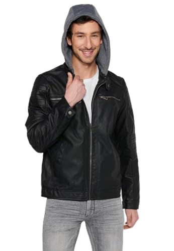 Koroshi Chaqueta Cazadora efecto piel de manga larga con Cierre delantero con cremallera y Cuello con capucha desmontable ajustable con cordón de Color Negro para Hombre, de color