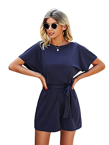 Milumia Women Boat Neck High Waist Short Sleeve Romper Keyhole Back Belted Jumpsuit Navy Blue Medium