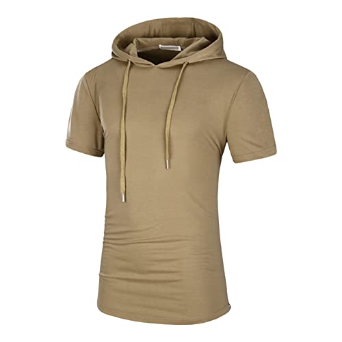 Maiyifu-GJ Men's Slim Fit Short Sleeve Hoodies Lightweight Gym Hooded T-Shirts Casual Camo Workout Hoodie Pullover Top (Khaki,3X-Large)