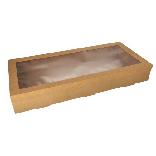 50 scatole di cartone per il trasporto e il catering, rettangolari, 25,2 x 55,8 cm, marrone con coperchio separato e finestra in PET