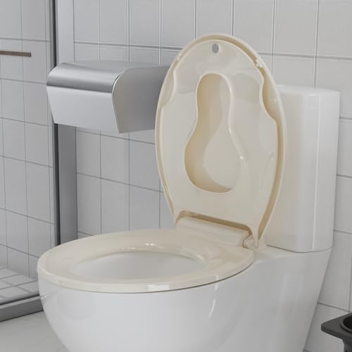 Round Toilet Seat with Built-in Toddler Seat for Easy Potty Training – Slow Close Feature,Easy Install and Clean, Perfect for Both Adults and Children,Almond
