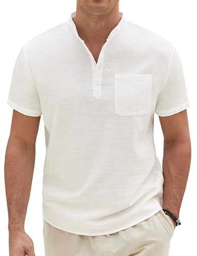 Voqeen Camisa Lino Hombre Henley Camisas Manga Corta Casuales para Verano Sin Cuello Abotonadas Tshirt Camisetas De Playa con Bolsillo