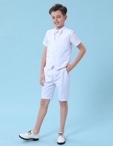 A&J DESIGN Boys Short Suit Set 3 Pieces Kids Formal Gentleman Outfit, 4-11 Years, Shirt + Vest + Shorts + Bow Tie3