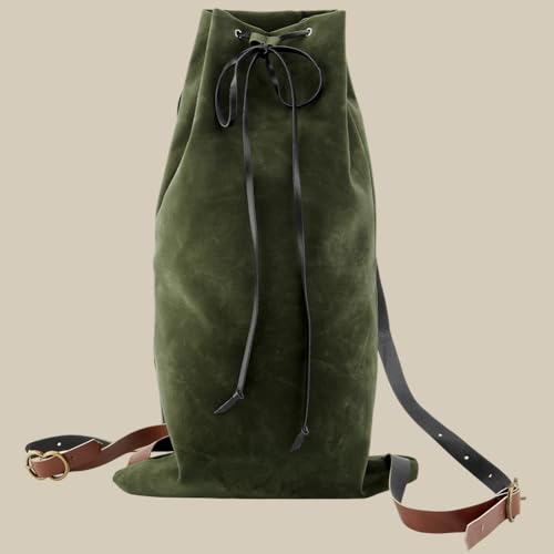 Image of GORGECRAFT Medieval Drawstring Backpack Vintage Fibre Bag with PU Leather Straps Alloy Clasps Portable Pouch for SCA LARP Reenactment Ren Fair Cosplay Outdoor Gym Swim Beach Dark Olive Green 18x10.8in