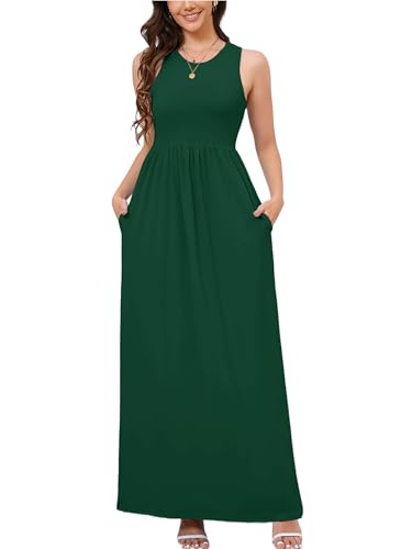 Image of DEARCASE Sleeveless Maxi Dress for Women Dark Green Large Wedding Guest A-line Casual Party Vintage Spring Summer Floor Length Ladies Beach Sundress Plain Vacation Long Flowy Dresses with Pockets