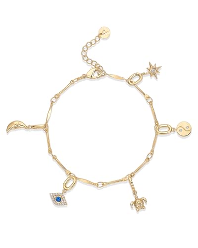 PAVOI 14K Gold Plated Adjustable Bracelet for Women | Twisted Bar & Paperclip Charm Chain Bracelets with Moon, Evil Eye, Teddy Bear, Heart Lock, Airplane, Dog, Cowboy Boot, Cat, Cupid & More | Fashion Jewelry