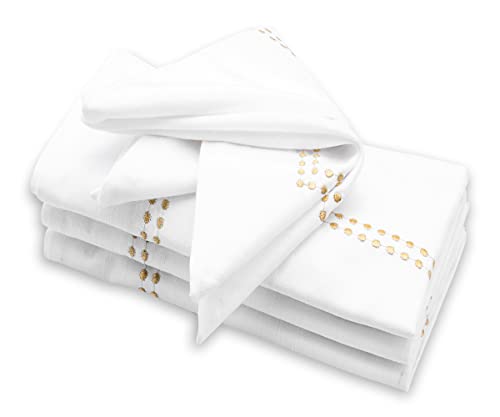 White and Gold Dinner Napkins, Embroidered, 100% Cotton, Wedding,...