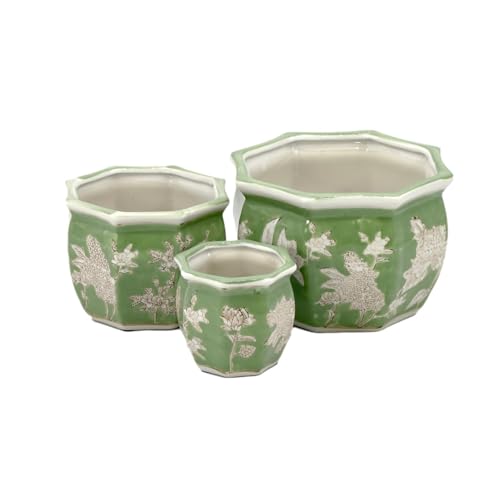 Galt International Green & White Floral Porcelain Ceramic Decorative Flower Pot 8/6/4.5 Garden Pots Chinese Asian Design - Set of 3 Green Fluted