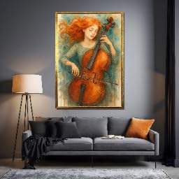 Tableau aquarelle violoncelliste sur toile 60x90cm sans cadre decoration musique