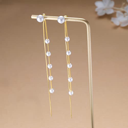 SLUYNZ Solid 925 Sterling Silver Simulated Shell Pearl Dangle Earrings for Women Teens - Elegant Long Chain Tassel Wedding Earrings4