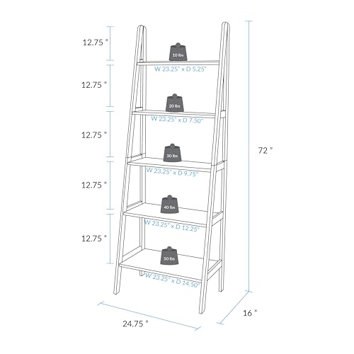 Casual Home 100% Solid Wood 5-Shelf Ladder Bookcase, 24.75" W x 16" D x 72" H, Chestnut, 5-Tier Freestanding Ladder Shelf