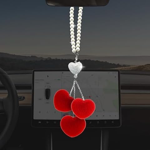 Bling Heart Diamond Car Rear view Mirror Accessories for Women,Pearl Pendant with Love Plush Ball Car Charms Interior Decor,Valentine's Day Gift Lucky Car Mirror Hanging Ornament,Red Cover