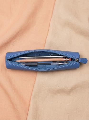 Image of Calfnero Genuine Leather Pen-Case for Men & Women | Premium Leather Pencil-Pouch with Zipper (Navy) | Cylindrical Pen-Holder Organizer for Pen, Pencils & Stationery | Unisex Pen-Sleeve