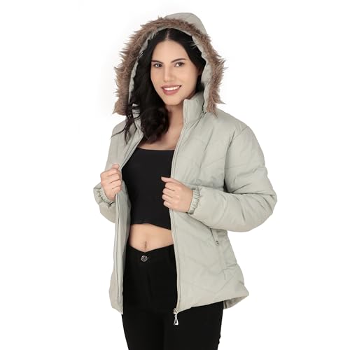 Image of Women's Cozy Puffer Stylish Jacket with Buttoned Pockets and Detachable Fur Hood