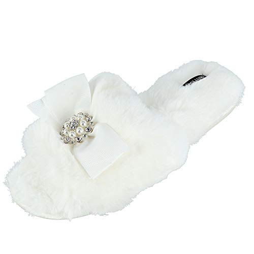 Faux Fur Bow Slippers with Rhinestones - Open Toe House Slides in Black (sizes Small to XLarge)
