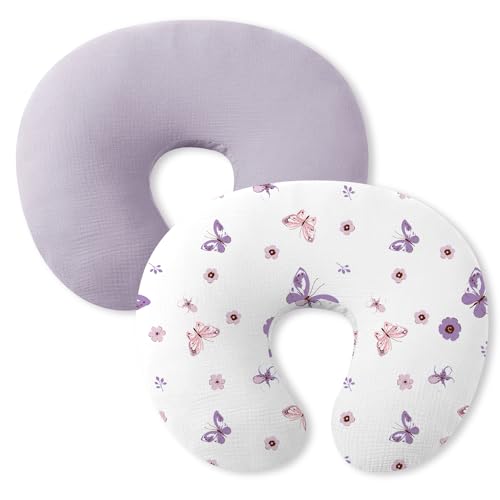 Image of Little Grape Land Nursing Pillow Covers 2 Pack for Baby, Soft 100% Cotton Covers for Breastfeeding Pillows, Breathable Muslin Purple Butterfly Nursing Pillow Cases Fit Standard Nursing Pillows