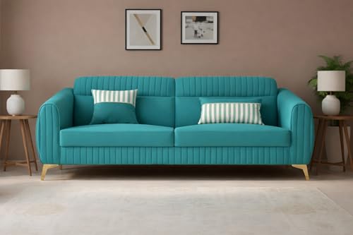 Adorn India Premium Luster Plus 3 Seater Sofa | Velvet Suede Fabric | 3-Year Warranty | Color Aqua Blue with Golden Legs & Striped Pattern Cushion
