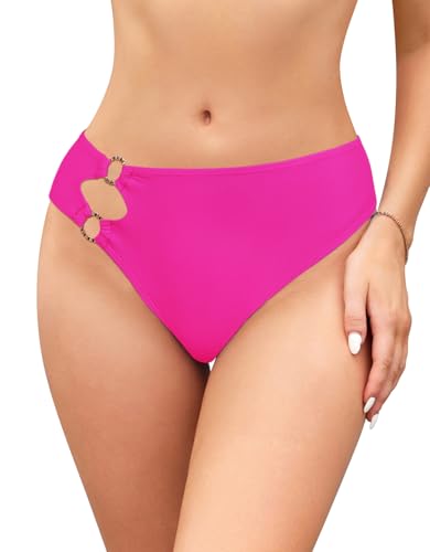 SHEKINI Bas de bikini pour femme avec anneau en métal - Short de bain taille moyenne - Découpe coquine - Couverture modeste - Culotte de plage, rose vif, M