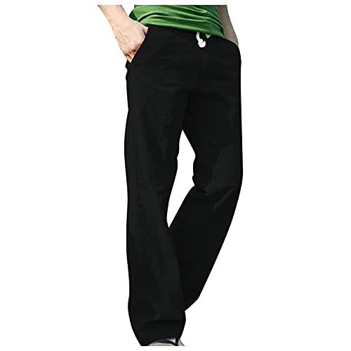 XVSSAA Cotton Linen Pants for Mens,Casual Beach Trousers Summer Elastic Waist Drawstring Pants Soft Jogger Yoga Pants Black