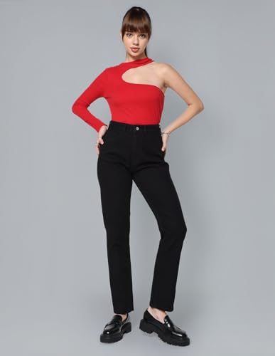 Image of Flying Machine Women's Straight Fit Jeans| Solid | High Rise | Stretchable | Jeans for Woman