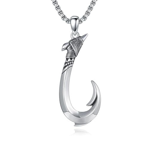 Fish Hook Necklace 925 Sterling Silver Hawaii Fishing Pendant Nautical Jewelry Gifts for Men Women, w/Stainless Steel Chain 22