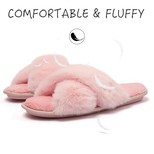katliu Women's Cross Band Furry Slippers Cozy Plush House Slippers Open Toe Soft Fuzzy Slippers Memory Foam Indoor Slippers3