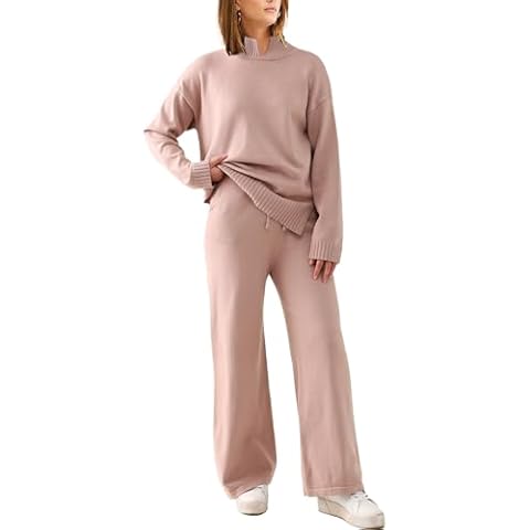 Aonour Women's 2 Piece Sweater sets Outfits High Neck Long Sleeve Sweater Lounge Tops Knit Wide Leg Pants set 2024 Fall Camel XL Cover