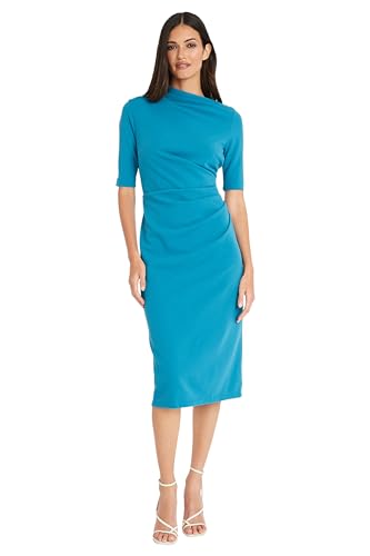 Image of Maggy London Women's Maggy London Women's Dresses Side Pleat Dress with Asymmetric Neck and Elbow Sleeves