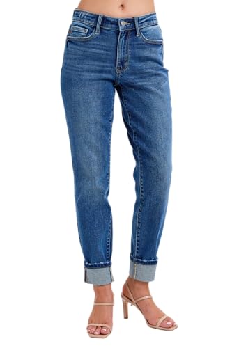 Judy Blue Womens Jeans - Mid Rise Vintage Wash Boyfriend with Cuff (11 Dark Blue)