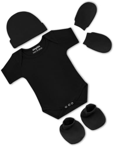 ARVESA 100% Cotton Biowash White Romper for Newborn Baby Romper Set with Cap Booties & Mittens 0–6 Months