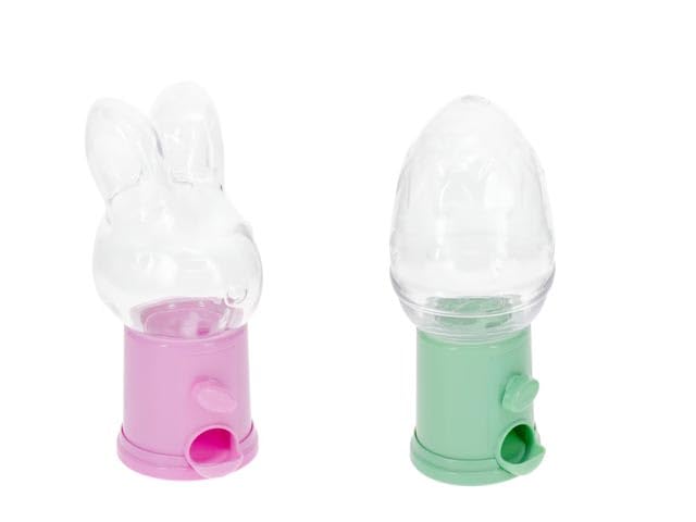 Set of 2 Easter Themed Plastic Bunny and Egg Shaped Candy Dispensers with Purple and Green Base