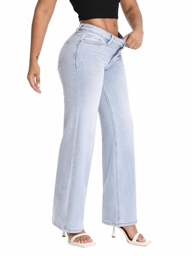 SHAPUM Shaping Wide Leg Baggy Jeans for Women Stretchy Mid Low Waisted Butts Lifting Cute Jeans Trendy BBL Distressed Jean Light Blue