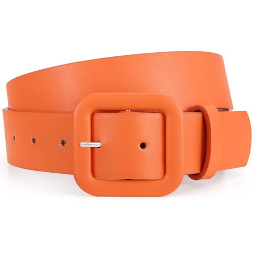 WHIPPY Women Leather Belt Candy Color Fashion Square Buckle Belt Ladies Belt for Jeans Pants Dresses Orange M