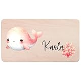 minimutz Brotzeitbrett Kinder mit buntem Aufdruck, Personalisiert mit Name, Frühstücksbrettchen Holz Wasser Tiere, Holzbrett Buche 22 x 12 x 1 cm Wal