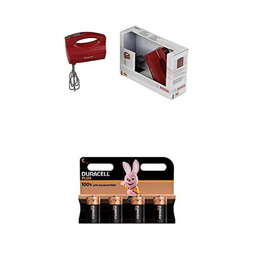 Theo Klein 9574 Bosch Handmixer I Batteriebetriebene Mixer mit Sich drehenden Quirls I Spielzeug für Kinder ab 3 Jahren, Mehrfarbig + Duracell Plus C Alkaline-Batterien, 4er Pack