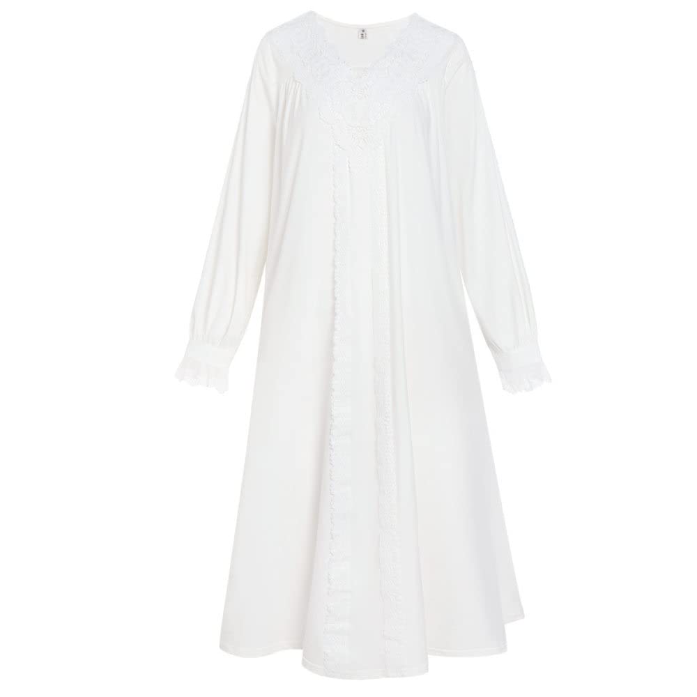 Nachthemd Damen,Damen-Nachthemden, Vintage, Weiße Baumwolle, V-Ausschnitt, Spitzenstreifen, Elegantes Schlafhemd, Weiche, Bequeme, Lange Ärmel, Nachthemd, Nachtwäsche, Loungewear Für Damen, Mäd