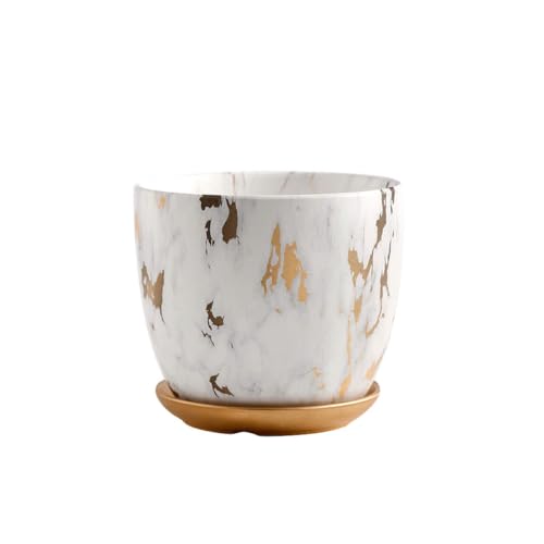 Toyvian Ceramic Flowerpot with Marble Pattern 18x18x15cm with Tray, Indoor Planter Pot for Home Office, Sturdy Ceramic Planter for Succulents and Small Plants