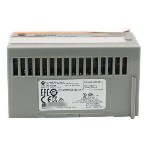 Rear view of the 1794-IA16 Flex I/O module showing product labels and ventilation slots.