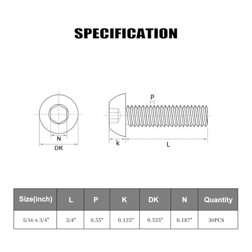 Image of VGBUY 30Pcs 5 /16-18 x 3 /4 inch Button Head Socket Cap Bolts Screws, 304 Stainless Steel 18-8, Allen Hex Drive, Bright Finish, Fully Threaded, Hex Spanner Included