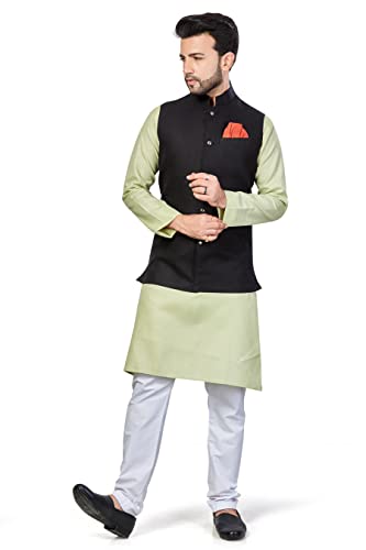 Image of BE ACTIVE Linen Blend Solid Pattern Trendy Comfortable Stylish Full Sleeve Kurta Pajama Set with Jacket Nehru Style Koti for Men's Ethnic Wear