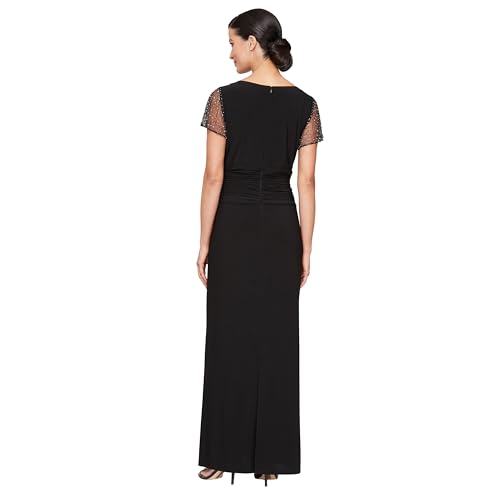 Image of S.L. Fashions Women's Long Length Ruched Waist Formal Evening Dress with Beaded Illusion Sleeves (Petite and Regular Sizes)