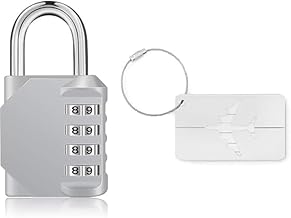 4-Digit Combination Padlock with ID Tag | Resettable Luggage Lock with Long Shackle & Aluminum Alloy Luggage Tags for Travel | Silver Color, Durable & Secure for Bags & Suitcases (Silver)
