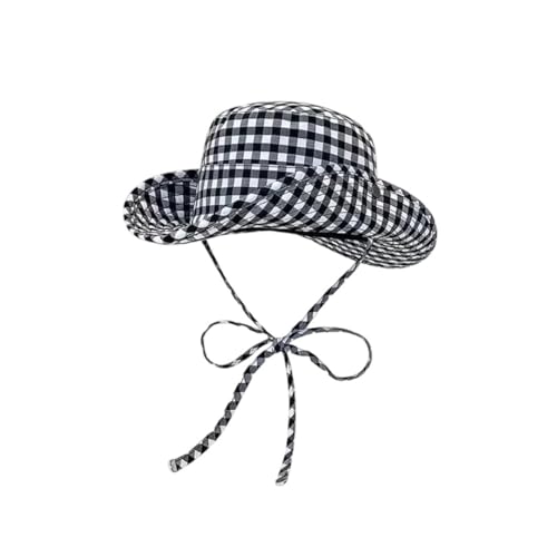 Sombrero de pescador para mujer, diseño de lunares franceses, ala grande, con correa de protección solar, para primavera y verano, Cuadrícula, 85