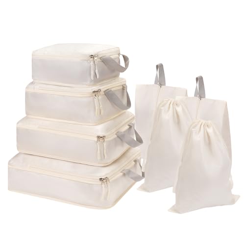 TESRAODE 8 Set Packing Cubes for Travel with Shoe & Dirty Clothes Bag, White Luggage Organizers Carry-On, Cruise Must-Haves Packing List, Airplane Vacation Essentials