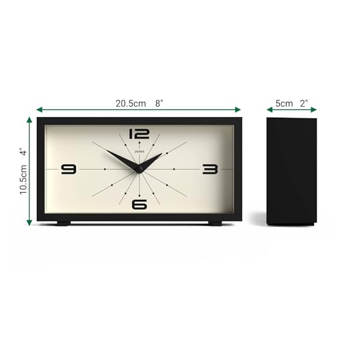 JONES CLOCKS® Odeon desk clock | Modern rectangular design | Black | Stylish retro look for shelf, table, mantel or bedside